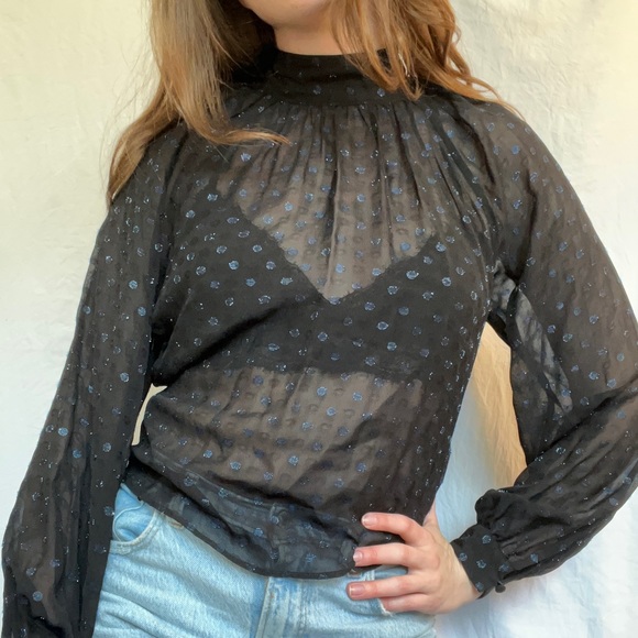 NWT & Other Stories Sheer Black & Navy Polka Dot Top - Picture 3 of 3